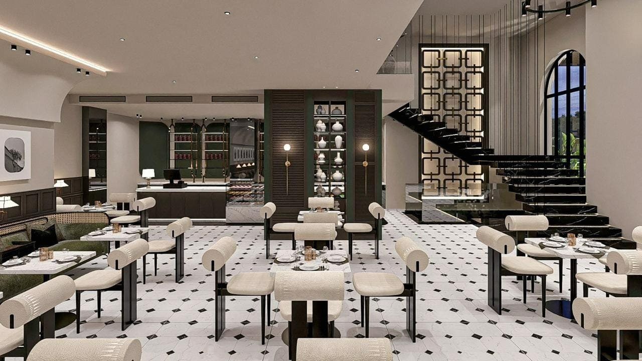 Salle principale du restaurant Black Olive, marbre et boiseries sombres